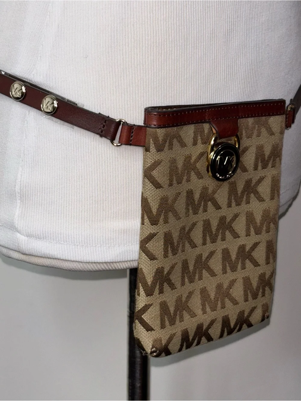 Michael Kors Brown MK Signature Fanny Pack Belt Bag Leather Strap Size M